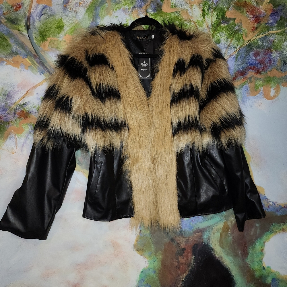 Wenxi XXXL Faux Fur and Leather Striped Jacket with Hidden Hook and Eye Closure